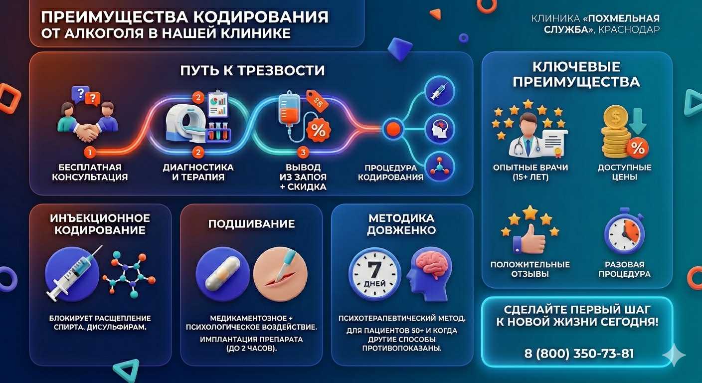 Инфографика о методах кодирования от алкоголя в Покровском: инъекции, подшивание, метод Довженко. Преимущества клиники и этапы лечения.