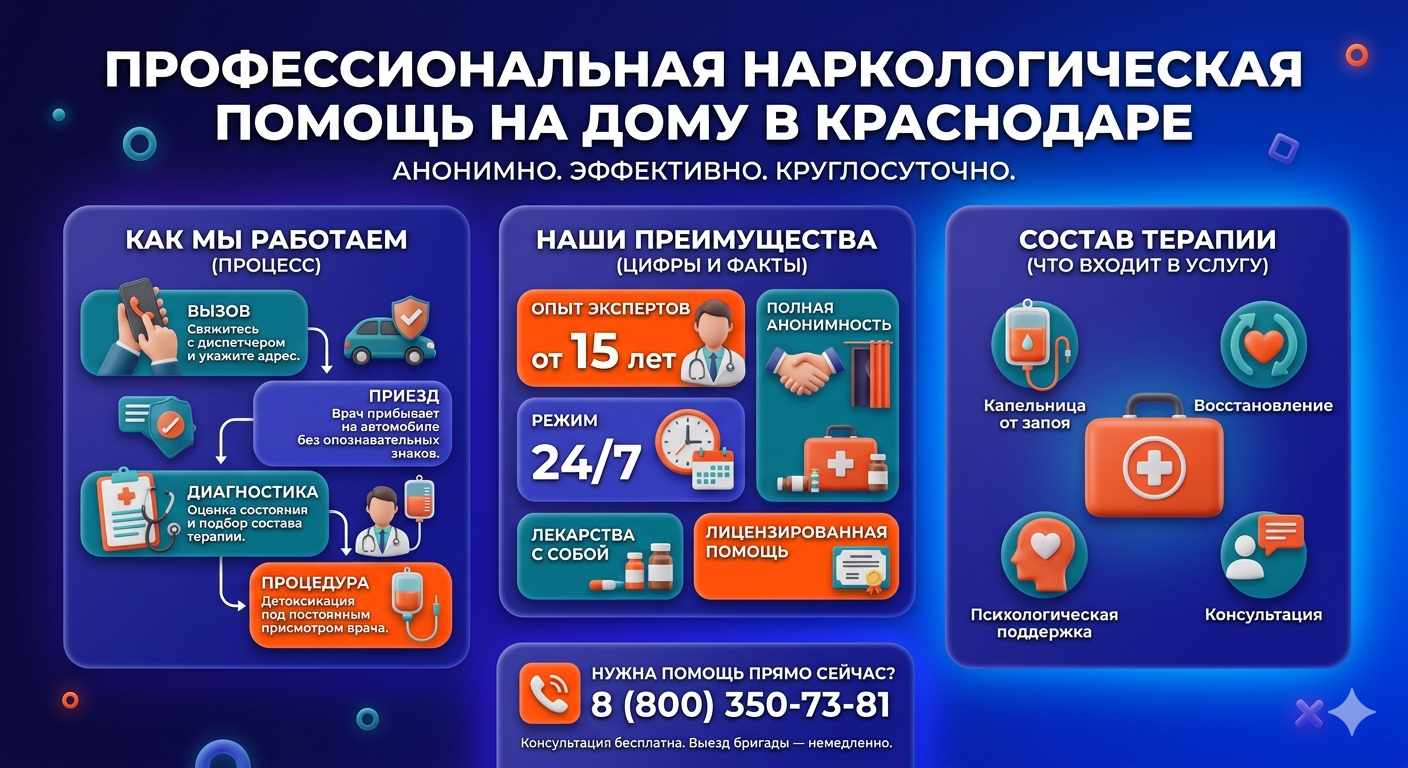 Инфографика о принципах лечения алкоголизма на дому в Покровском: этапы вызова нарколога, преимущества анонимной детоксикации и состав медицинской помощи.